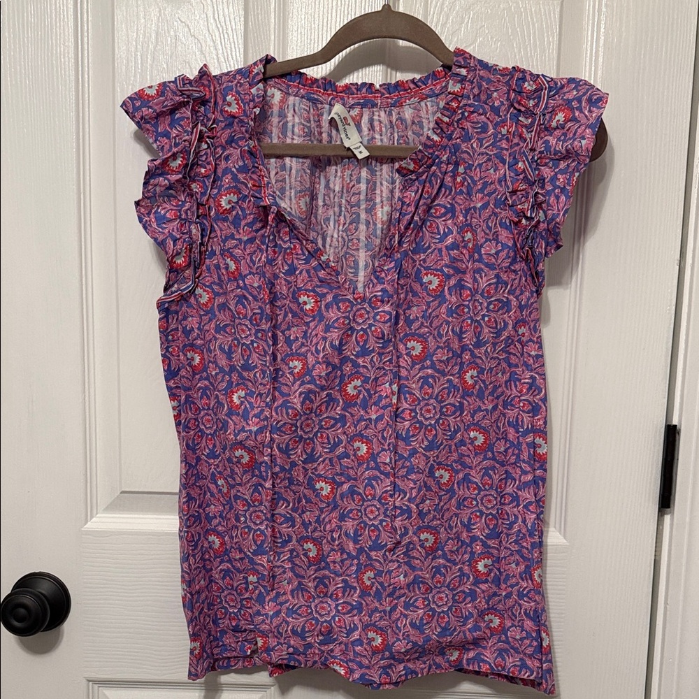 Women’s Vineyard Vines Floral Ruffle Sleeve Top - Pink and Blue